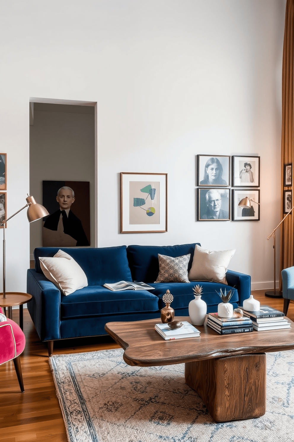 A modern living room that seamlessly blends vintage and contemporary elements. A plush velvet sofa in deep blue is paired with a rustic wooden coffee table, showcasing an eclectic mix of books and decorative objects. On one side, a mid-century armchair adds a pop of color, while a sleek metal floor lamp provides warm lighting. The walls are adorned with abstract art and framed vintage photographs, creating a gallery-like atmosphere.