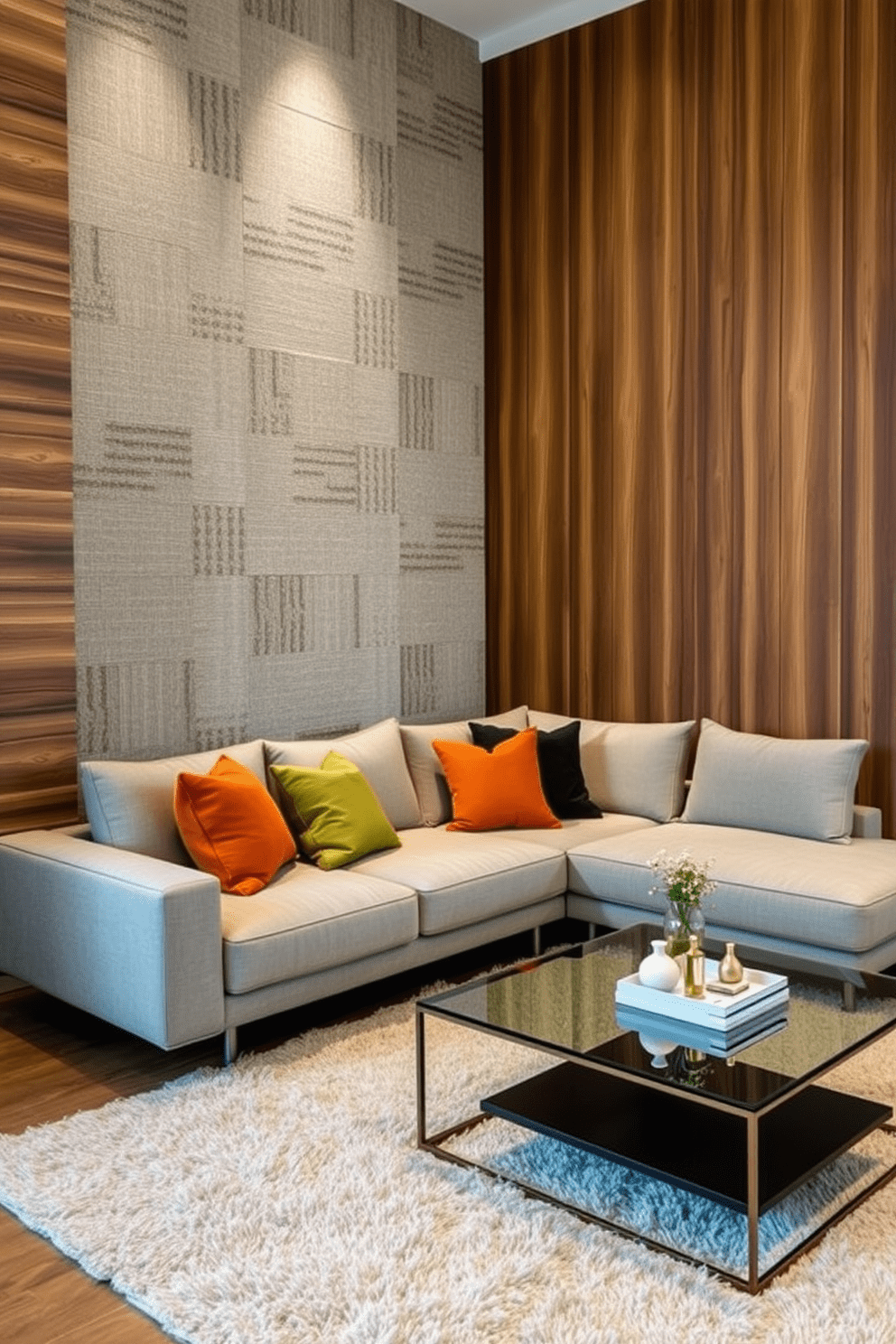 A modern living room featuring textured wall treatments that add depth and visual interest. The walls are adorned with a mix of wood paneling and fabric textures, creating a cozy yet sophisticated atmosphere. The room includes a plush sectional sofa in a neutral tone, accented with vibrant throw pillows. A sleek coffee table made of glass and metal sits atop a soft area rug, enhancing the contemporary feel of the space.