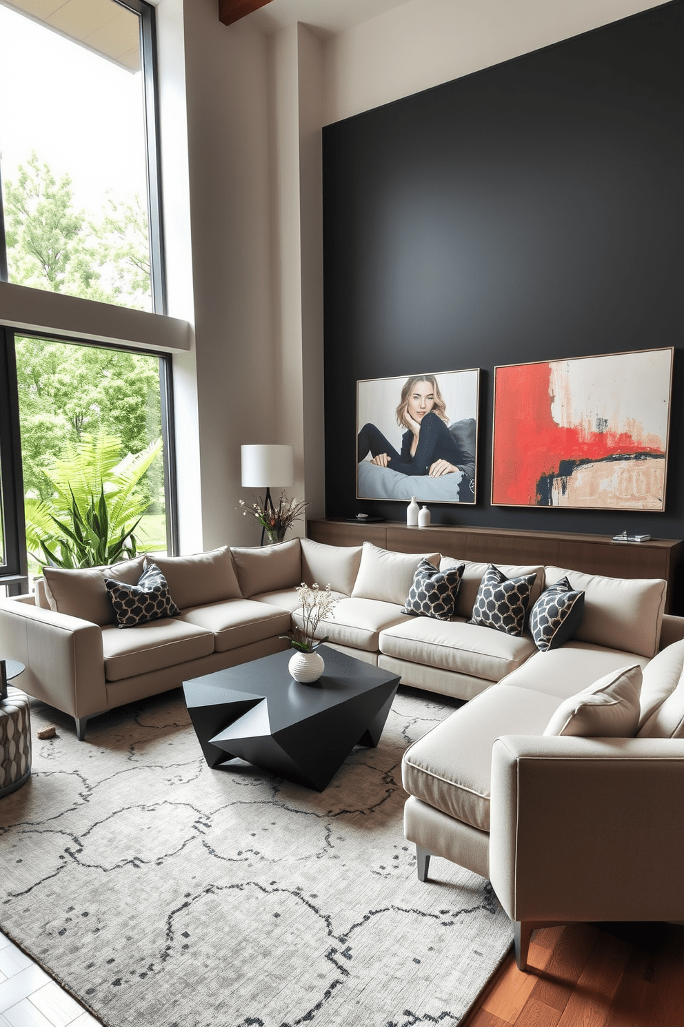 Comfortable seating with modern silhouettes. A sleek sectional sofa in a neutral tone is paired with a geometric coffee table, creating a relaxed yet stylish atmosphere. The walls are adorned with abstract art, adding a pop of color to the space. Large windows allow natural light to flood in, enhancing the inviting ambiance of the modern living room.