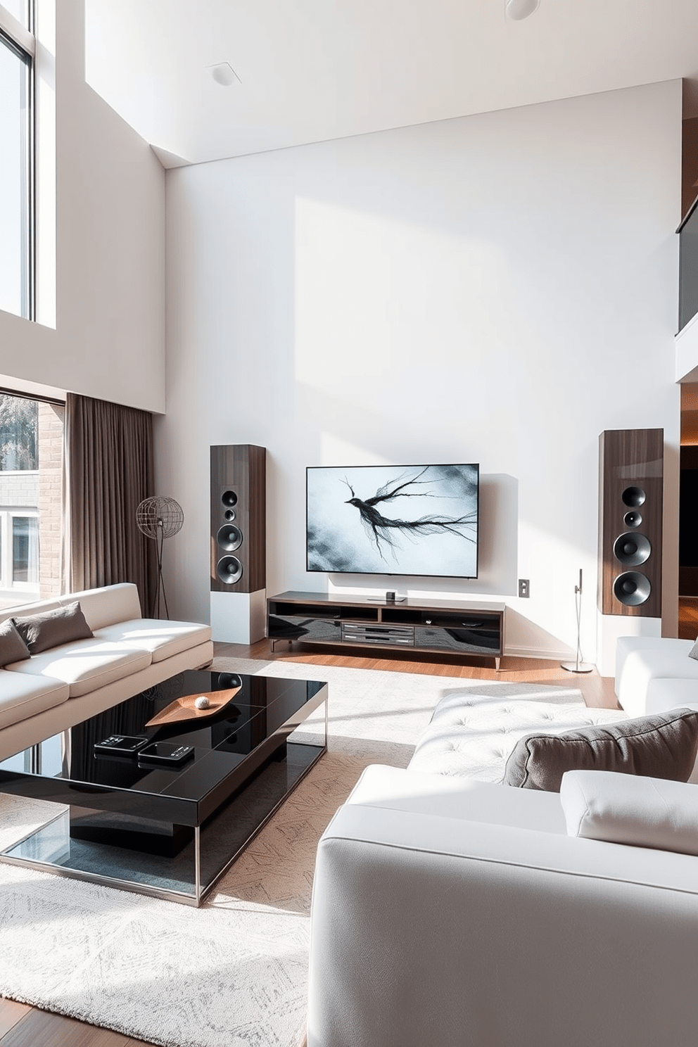 A modern living room featuring smart technology seamlessly integrated into the design. The space includes a sleek sectional sofa with minimalistic lines and a smart coffee table that controls lighting and entertainment systems. Large windows allow natural light to flood the room, highlighting a contemporary art piece on the wall. A smart TV is mounted above a stylish media console, surrounded by built-in speakers for an immersive audio experience.