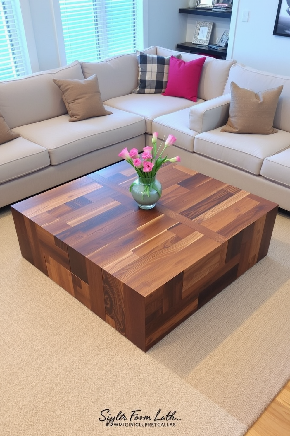 A unique coffee table serves as the focal point of a modern living room, crafted from reclaimed wood with a geometric design that invites conversation. Surrounding the table, plush sectional sofas in neutral tones create a cozy yet stylish atmosphere, complemented by bold accent pillows in vibrant colors.