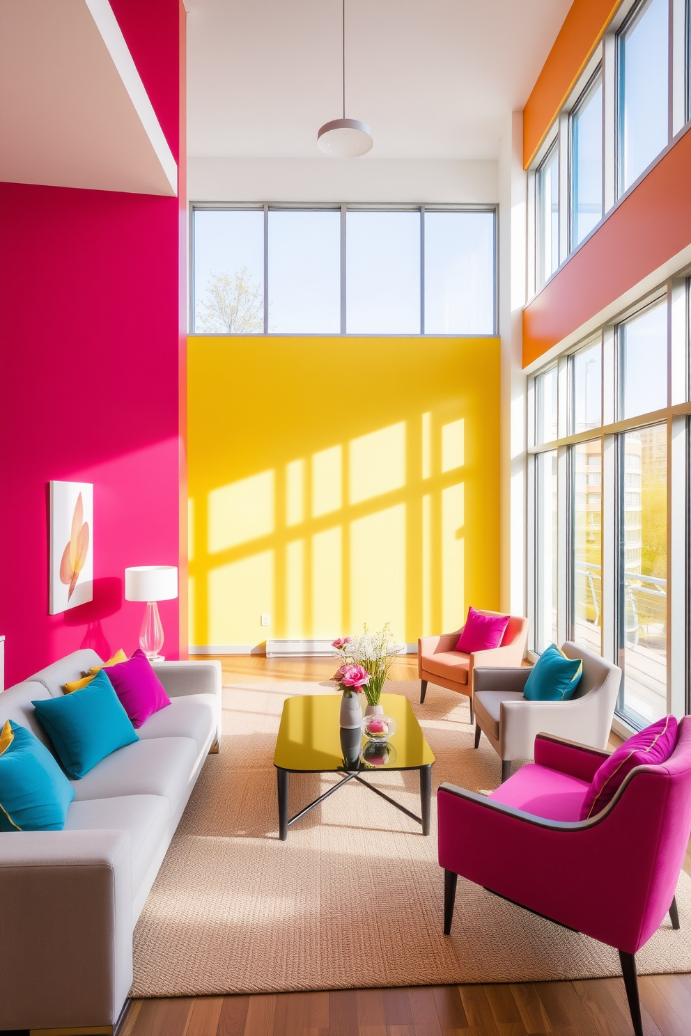 Brightly colored accent walls create an energetic atmosphere in a modern living room. The space features a sleek sofa in neutral tones, complemented by vibrant throw pillows that echo the wall colors. Large windows allow natural light to flood the room, enhancing the lively hues. A contemporary coffee table sits in the center, surrounded by stylish armchairs that invite conversation.