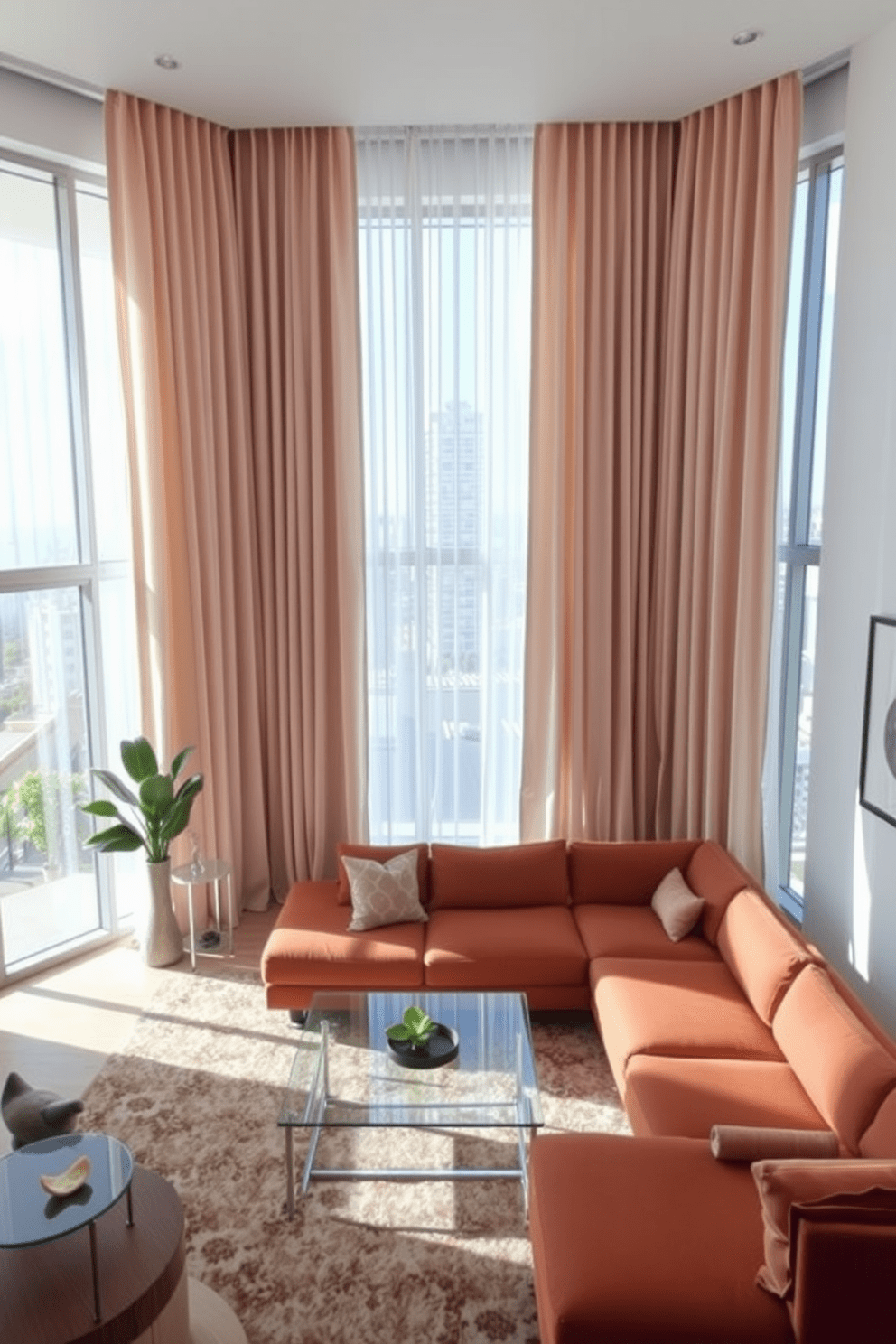 A modern living room featuring floor-to-ceiling curtains that gracefully frame large windows. The curtains are made of a luxurious fabric in a soft neutral tone, enhancing the room's elegance and allowing natural light to filter through. The space includes a plush sectional sofa in a rich color, paired with a sleek glass coffee table. A stylish area rug anchors the seating arrangement, while contemporary art pieces adorn the walls, adding personality to the design.