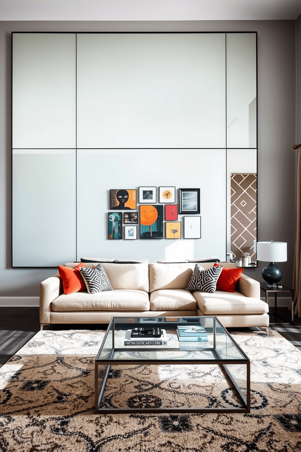 A modern living room featuring an oversized floor-to-ceiling mirror that reflects natural light and creates an illusion of a larger space. The room is adorned with a plush sectional sofa in a neutral color, accented by vibrant throw pillows and a sleek coffee table made of glass and metal. The walls are painted in a soft gray, complemented by a bold accent wall with geometric patterns. A stylish area rug anchors the seating area, while a collection of art pieces hangs above the sofa, showcasing a mix of contemporary and abstract styles.