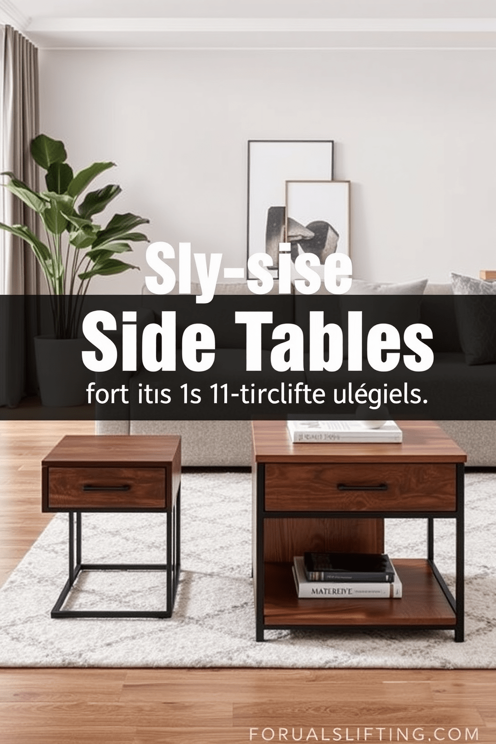 Stylish side tables for added functionality. The side tables feature sleek lines and a mix of materials such as wood and metal, complementing the overall aesthetic of the modern living room. The tables are designed with a minimalist approach, showcasing geometric shapes and a neutral color palette. Each table includes storage options like drawers or shelves to enhance practicality while maintaining elegance.