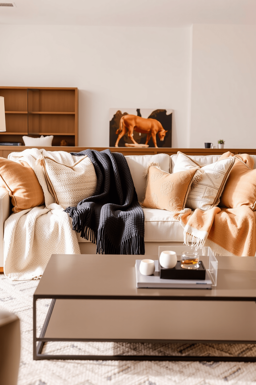 Chic throw blankets drape elegantly over a plush sofa in a modern living room. The color palette features soft neutrals and warm earth tones, creating a welcoming atmosphere. Stylish accent pillows complement the throw blankets, adding texture and comfort. A sleek coffee table sits in the center, adorned with a few carefully selected decorative items.