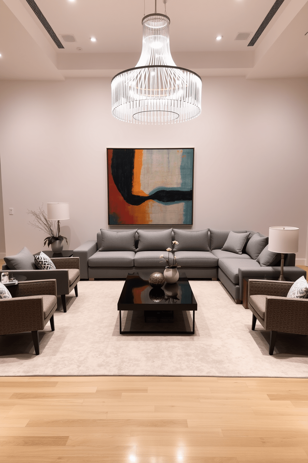 A dynamic layout for social interaction in a modern living room features a large sectional sofa positioned to encourage conversation. A sleek coffee table sits at the center, surrounded by stylish accent chairs that complement the overall aesthetic. The walls are adorned with contemporary artwork that adds a pop of color to the space. A statement light fixture hangs above, illuminating the room and creating an inviting atmosphere for gatherings.