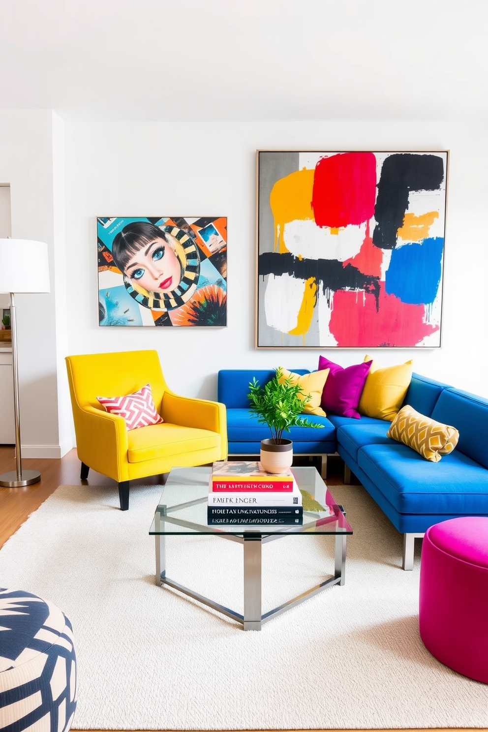 A modern living room filled with bright colors and bold accessories. The furniture includes a sleek sectional sofa in a vibrant blue, complemented by a yellow accent chair and a geometric patterned area rug. The walls are painted in a soft white to enhance the brightness of the decor. Colorful throw pillows and a large abstract artwork add a playful touch, while a glass coffee table sits at the center, showcasing a stack of design books and a small plant.