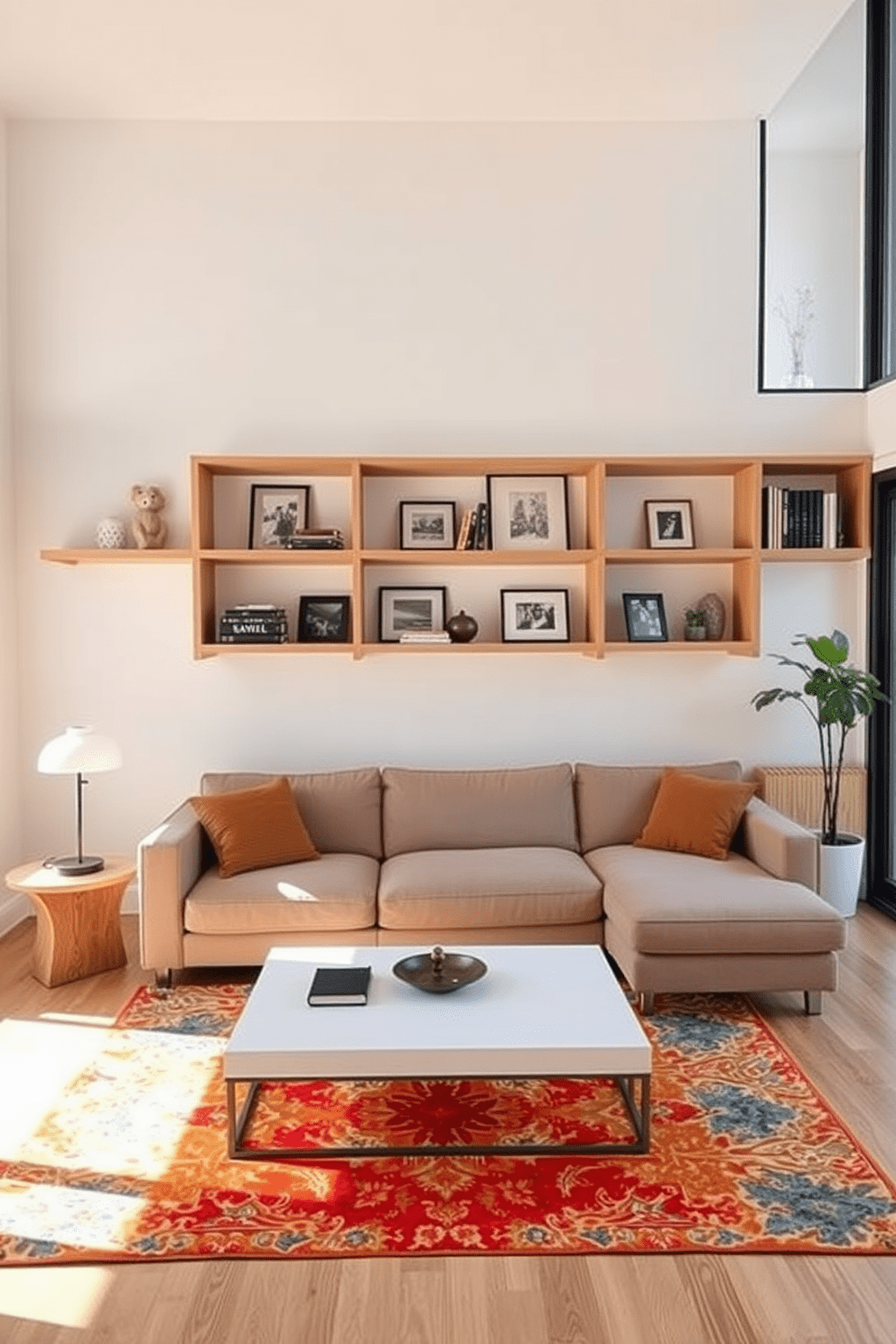 Open shelving displays personal items in a modern living room. The shelves are made of light wood and are arranged asymmetrically against a white wall. A plush sectional sofa in a neutral tone faces a sleek coffee table. Large windows allow natural light to fill the space, highlighting a vibrant area rug underneath.