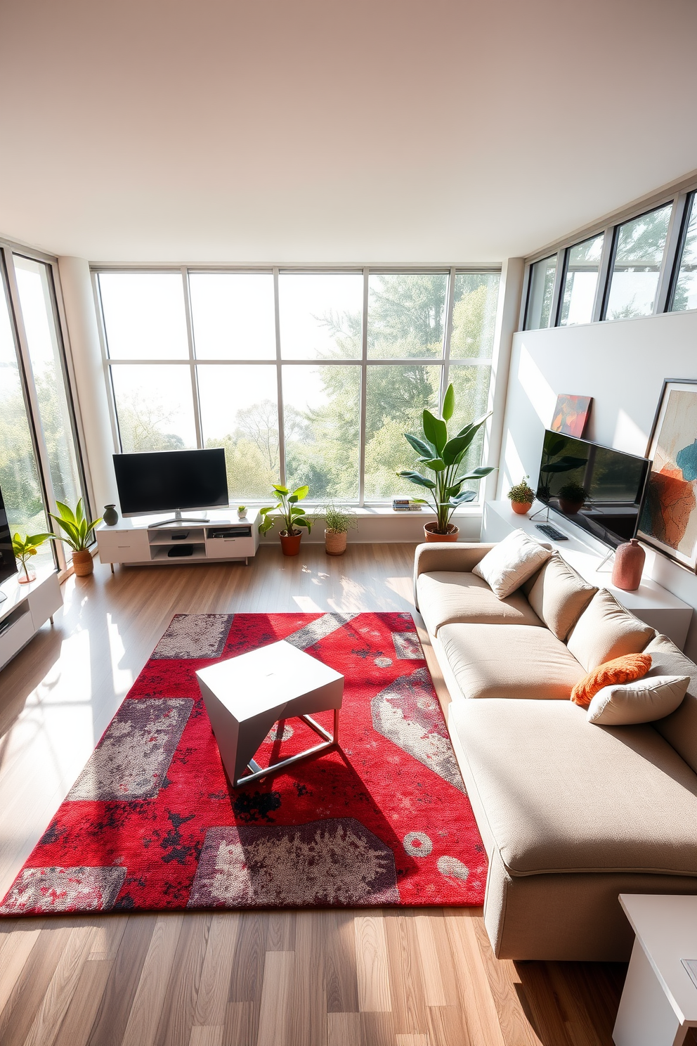 A modern living room filled with natural light streaming through large floor-to-ceiling windows. The space features a sleek sectional sofa in a neutral color, paired with a geometric coffee table and a vibrant area rug. On one side, a minimalist entertainment unit holds a flat-screen TV and decorative accents. Potted plants add a touch of greenery, while abstract artwork adorns the walls, enhancing the contemporary aesthetic.