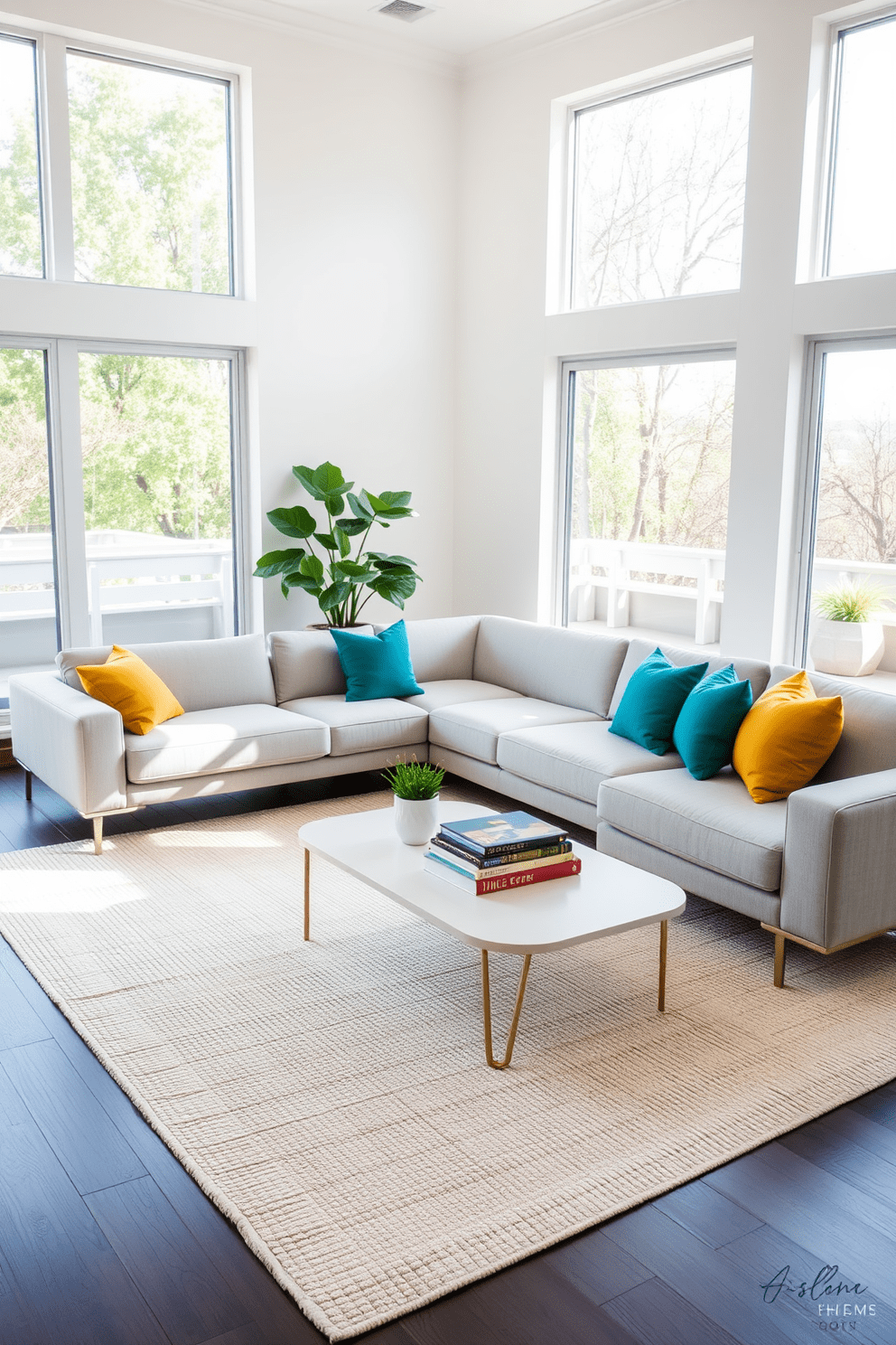 A modern living room featuring a neutral palette with pops of vibrant colors. The space includes a sleek sectional sofa in soft gray, accented by bright throw pillows in shades of teal and mustard yellow. Large windows allow natural light to flood the room, highlighting a textured area rug in a soft cream color. A minimalist coffee table sits in the center, adorned with a colorful stack of art books and a small potted plant for added freshness.