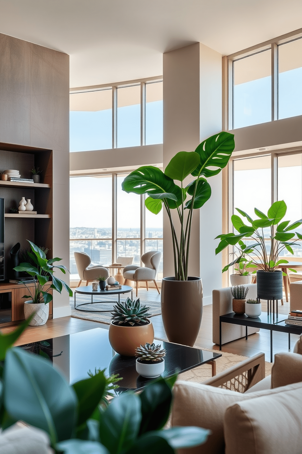 Lush indoor plants are strategically placed throughout the living area, adding a vibrant touch of nature to the modern luxury apartment. The open floor plan features floor-to-ceiling windows that flood the space with natural light, enhancing the greenery's appeal. In the corner, a tall fiddle leaf fig tree stands in a sleek ceramic pot, while smaller succulents adorn the coffee table and shelves. The overall design incorporates neutral tones and elegant furnishings, creating a harmonious balance between comfort and sophistication.