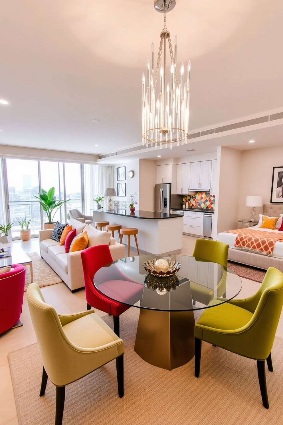 A modern luxury apartment featuring an open-concept living space. The walls are painted in soft beige, complemented by a plush cream sofa adorned with colorful throw pillows. The dining area includes a sleek glass table surrounded by stylish upholstered chairs in vibrant hues. A statement chandelier hangs above, adding elegance and warmth to the space. In the kitchen, high-end stainless steel appliances are paired with white cabinetry and a striking backsplash of colorful tiles. Potted plants and decorative artwork bring life and personality to the apartment. The bedroom is designed with a neutral color scheme, featuring a large upholstered bed with a colorful throw blanket. Floor-to-ceiling windows allow natural light to flood the room, highlighting the tasteful decor.