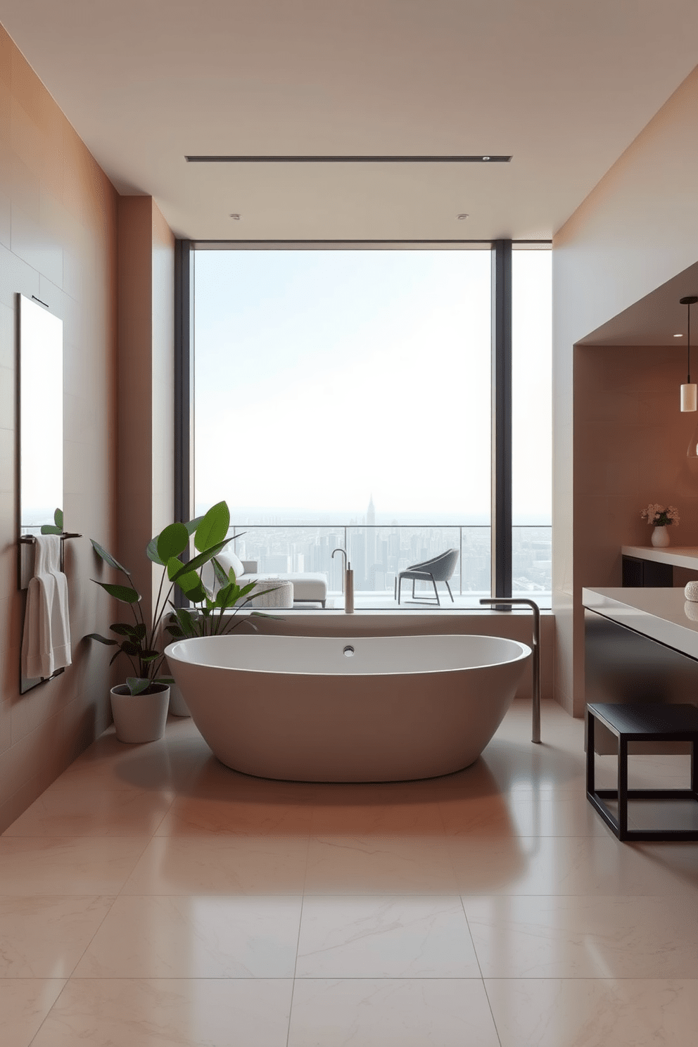 A serene spa-inspired bathroom featuring a large freestanding soaking tub positioned near a window that lets in natural light. The walls are adorned with soft beige tiles, and lush greenery is placed around the tub for a calming atmosphere. A modern luxury apartment design showcasing an open-concept living space with sleek furniture and high-end finishes. The kitchen features a large island with bar seating, and floor-to-ceiling windows provide stunning city views.