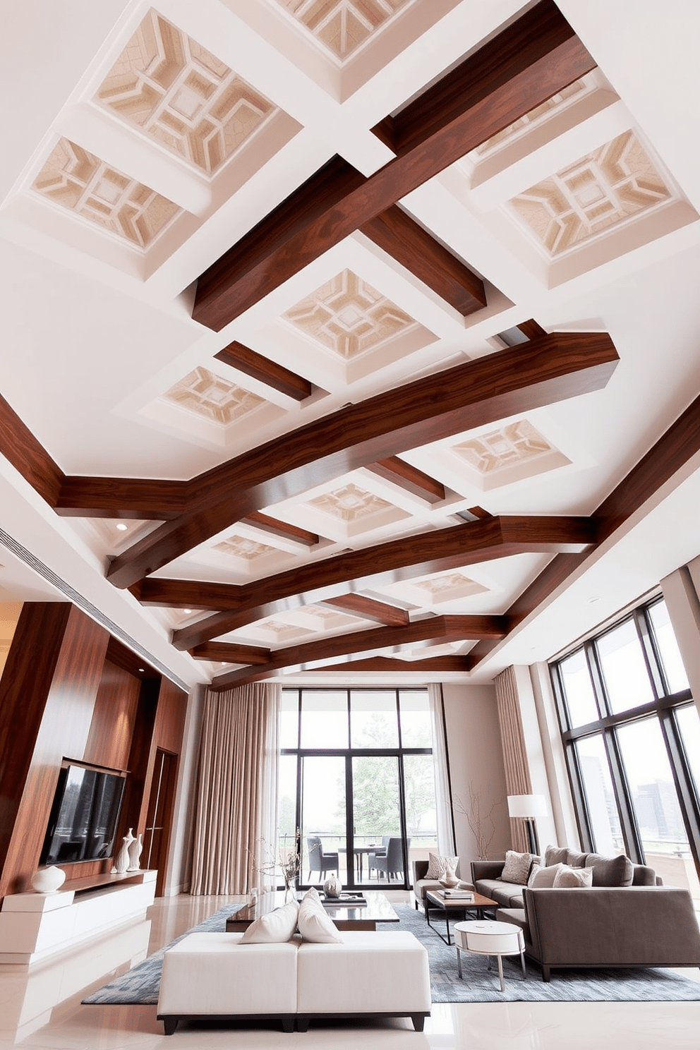 A unique ceiling design featuring intricate geometric patterns that draw the eye upward. The ceiling is painted in a soft white hue, contrasting with rich wood beams that add warmth and texture. Modern luxury apartment design ideas that incorporate open floor plans and high-end finishes. The living area boasts floor-to-ceiling windows that flood the space with natural light, complemented by plush furnishings and elegant decor.