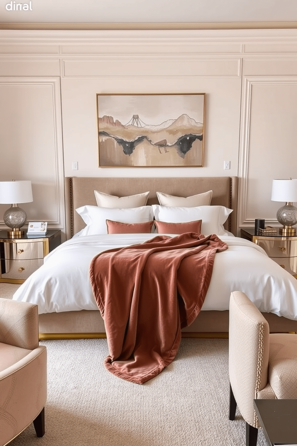 A luxurious bedroom featuring a plush king-sized bed dressed in high-thread-count white linens and an oversized velvet throw blanket. Flanking the bed are elegant nightstands with gold accents and contemporary table lamps, creating a serene and inviting atmosphere. The walls are adorned with soft neutral tones, while a large abstract painting adds a pop of color above the headboard. A cozy seating area with a stylish armchair and a small coffee table completes the space, inviting relaxation and comfort.