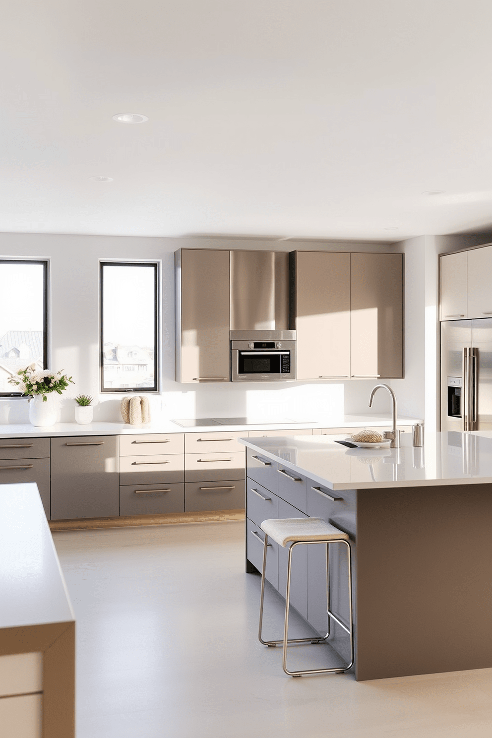 A minimalist kitchen featuring sleek cabinetry and high-end stainless steel appliances. The countertops are made of white quartz, and a large island with bar seating is the centerpiece of the space. The walls are painted in a soft gray tone, enhancing the airy feel of the room. Large windows allow natural light to flood in, creating a warm and inviting atmosphere.