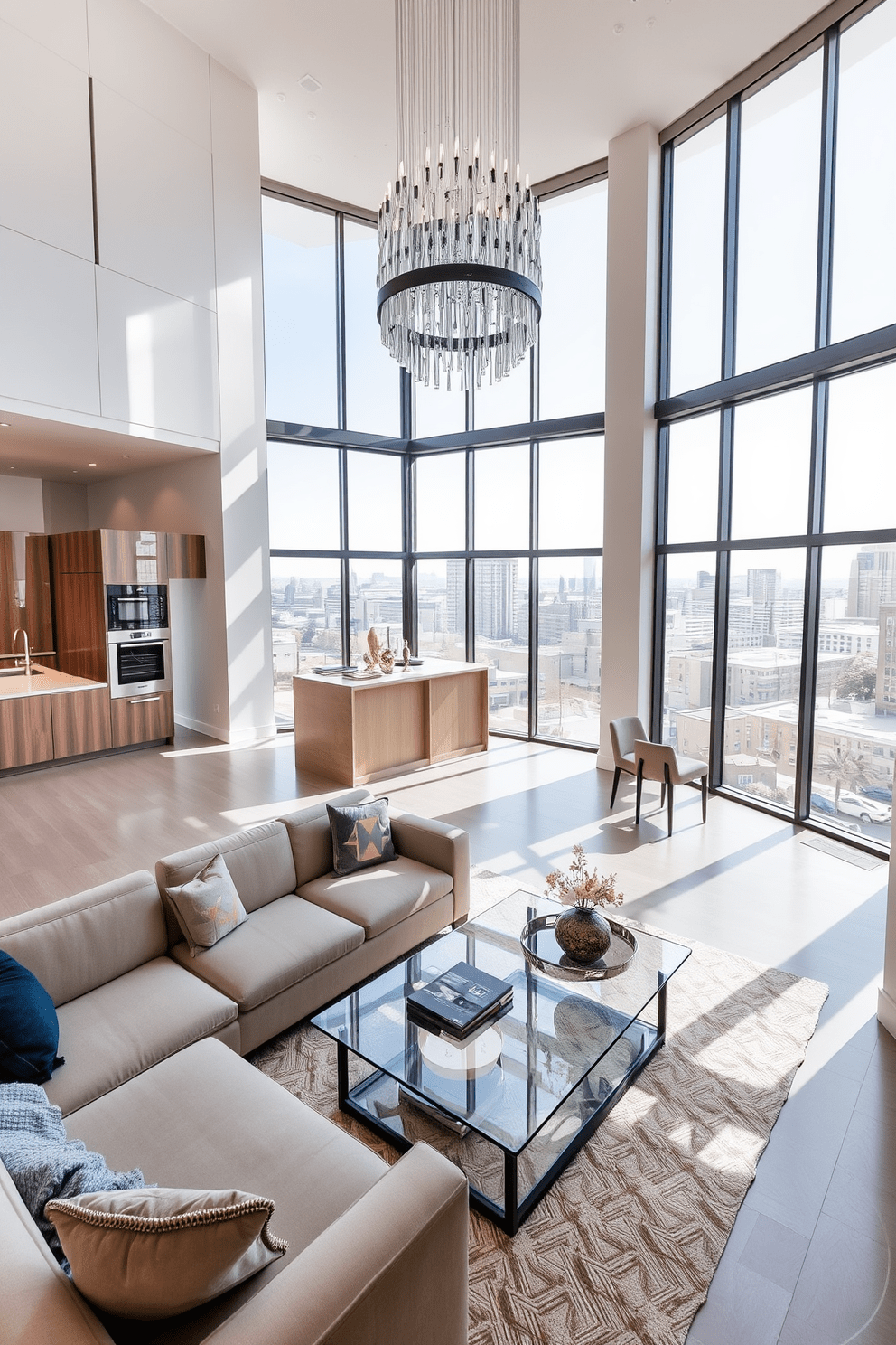 A modern luxury apartment featuring large windows that flood the space with natural light. The open-concept living area includes a sleek sectional sofa, a glass coffee table, and a statement chandelier hanging above. The kitchen boasts high-end appliances, a large island with bar seating, and minimalist cabinetry. Soft neutral tones and bold accents create a harmonious balance throughout the apartment.