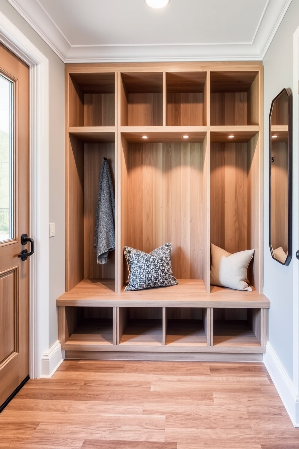 A modern mudroom featuring sleek built-in storage with open cubbies. The cubbies are crafted from light wood and are complemented by a stylish bench with plush cushions.