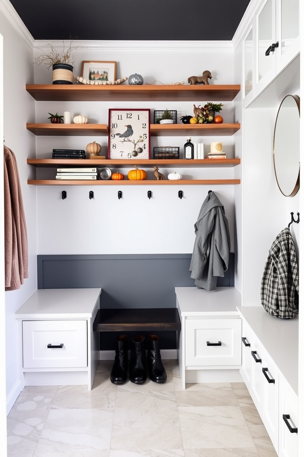 Seasonal decor display on floating shelves. The shelves are adorned with a mix of seasonal items like small pumpkins for fall and festive ornaments for winter, creating a warm and inviting atmosphere. Modern mudroom design ideas. The space features sleek cabinetry with built-in storage benches and hooks for coats, complemented by a stylish tile floor that is both practical and visually appealing.