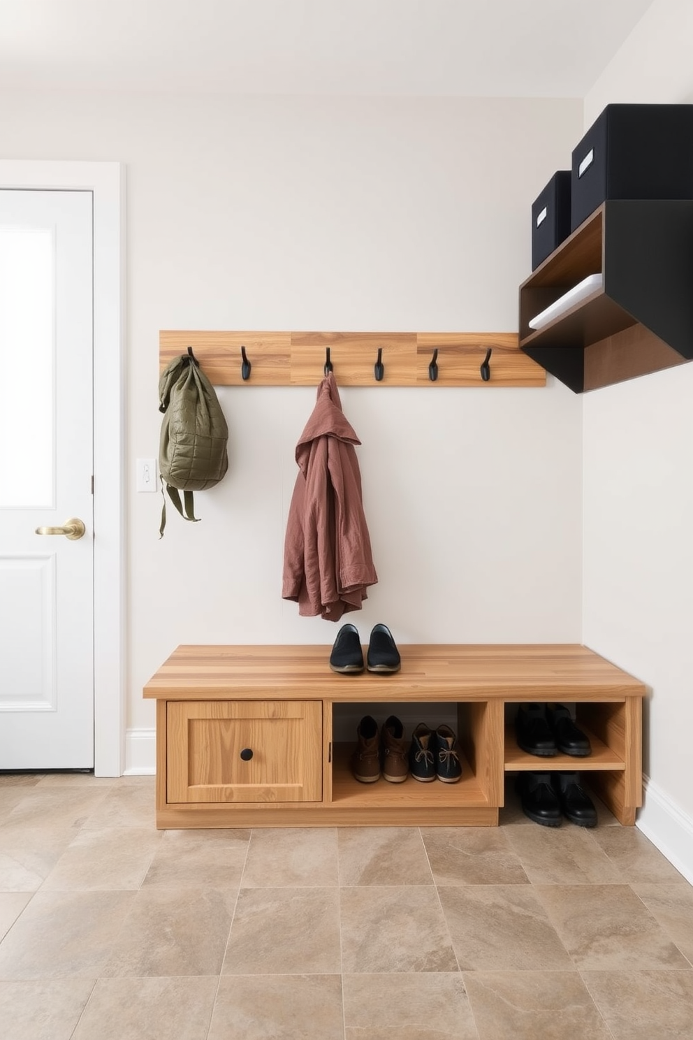 A modern mudroom featuring durable materials designed for high-traffic areas. The space includes a built-in bench with storage underneath and hooks for coats, all crafted from weather-resistant wood. The flooring is a stylish ceramic tile that mimics natural stone, ensuring easy maintenance and durability. Soft, neutral tones are used for the walls, creating a welcoming atmosphere while practical elements like a shoe rack are neatly integrated.