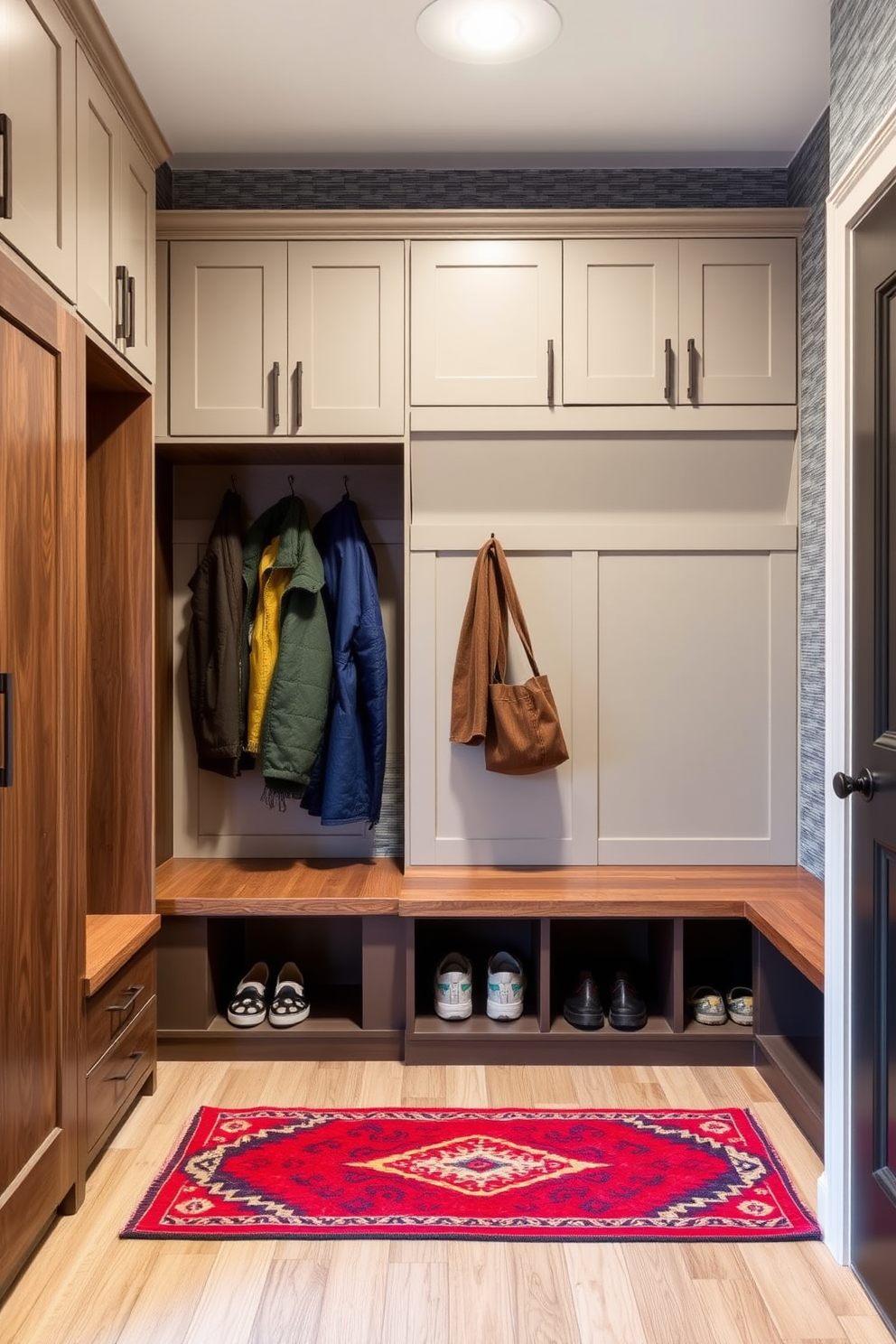 A modern mudroom features a combination of sleek cabinetry and rustic wooden benches. The walls are adorned with a textured wallpaper that complements the smooth surfaces of the storage units. Functional hooks and cubbies provide ample storage for coats and shoes while maintaining a clean aesthetic. A vibrant area rug adds warmth and a pop of color to the space, enhancing the overall inviting atmosphere.