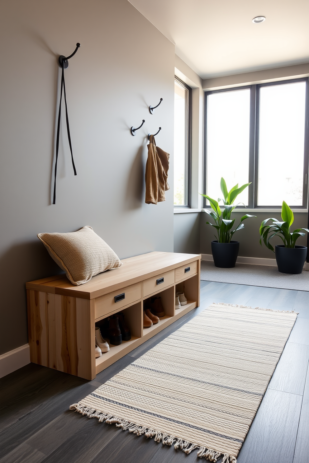 A minimalist bench is positioned against the wall, featuring sleek lines and a natural wood finish. Beneath the bench, hidden shoe storage compartments provide a clean and organized look, while a soft rug in neutral tones adds warmth to the space. The mudroom is adorned with functional hooks for coats and bags, creating an inviting entryway. Large windows allow natural light to flood the area, enhancing the modern aesthetic with a touch of greenery from potted plants nearby.