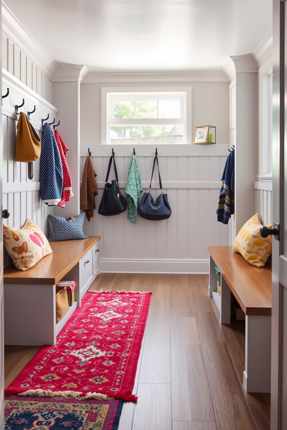 A modern mudroom featuring colorful rugs that add warmth and comfort to the space. The walls are painted in a soft gray, with built-in storage benches and hooks for coats and bags, creating an inviting and functional entryway.