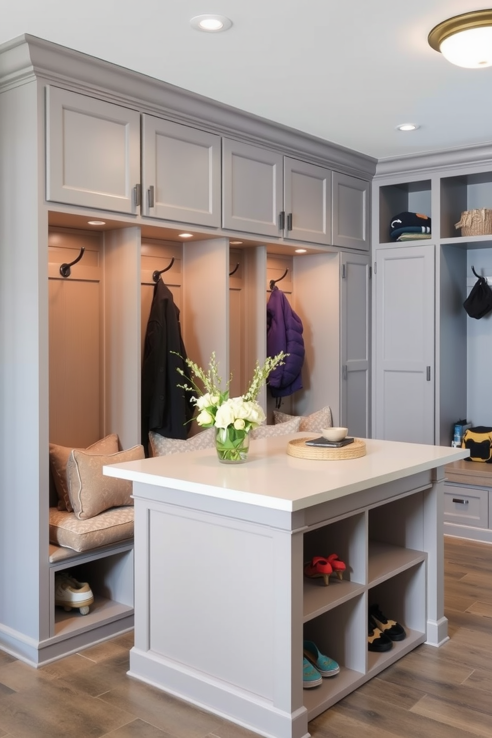 A functional mudroom island features built-in seating with plush cushions for comfort. The island is surrounded by storage cubbies and hooks for coats, creating an organized and inviting space.