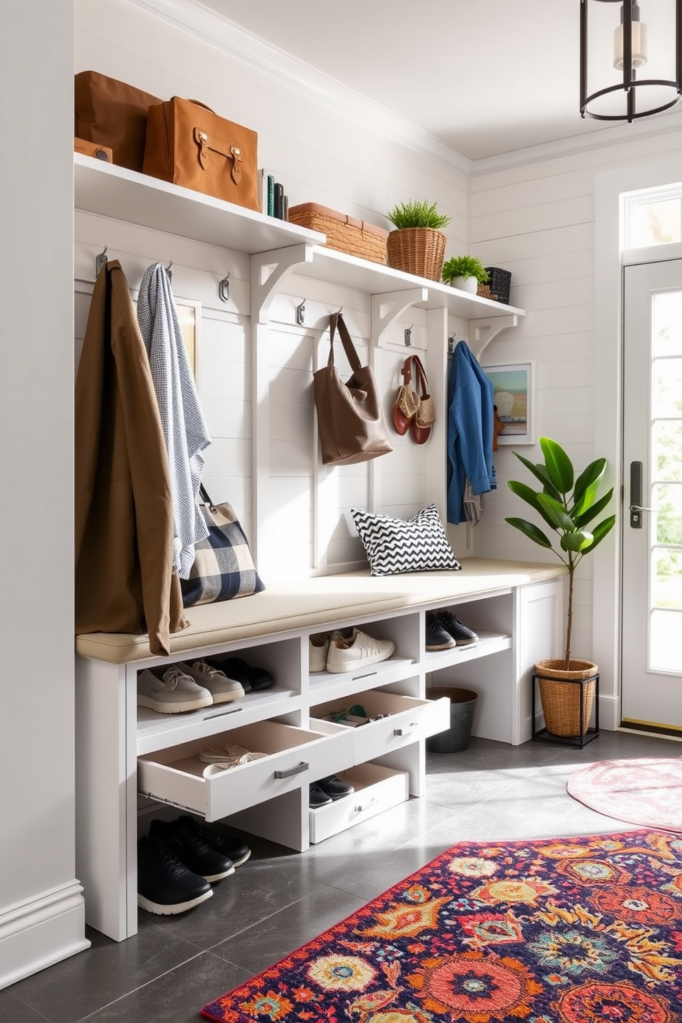 Innovative shoe storage solutions under a bench featuring a sleek design with pull-out drawers and a cushioned top for seating. The mudroom is styled with a combination of shiplap walls and a durable tile floor, accented by natural light streaming through a nearby window. Modern mudroom design ideas include a functional layout with built-in shelving and hooks for coats and bags. The color palette features soft neutrals with pops of color from decorative elements such as a vibrant rug and potted plants.