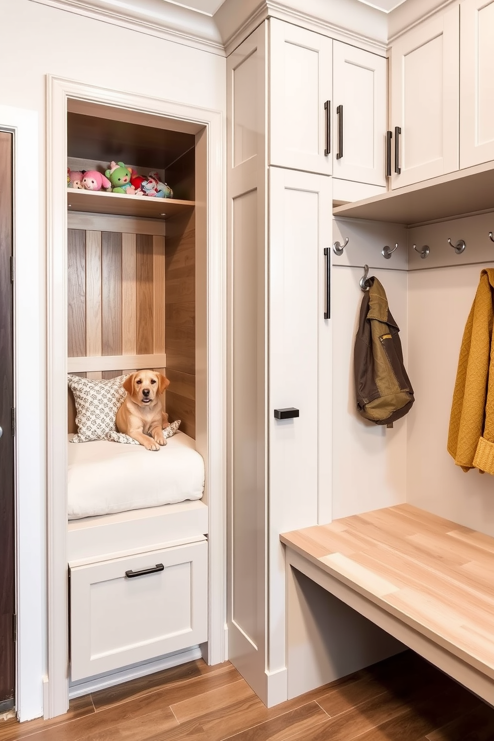 A built-in pet area features a cozy nook with a soft bed and storage for toys. Next to it, a stylish feeding station is integrated into the cabinetry, complete with elevated bowls and a water dispenser. The modern mudroom design includes sleek cabinetry for storage and a bench for seating. Durable flooring and hooks for coats create a functional yet inviting space.