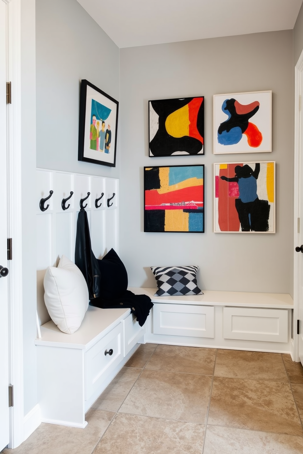 A stylish mudroom featuring a built-in bench with soft cushions and hooks for coats. The walls are painted in a light gray tone and the floor is covered with large, textured tiles for durability. Contemporary art pieces displayed on the walls add a vibrant touch to the space. The art includes bold colors and abstract designs that reflect the homeowner's personality and taste.