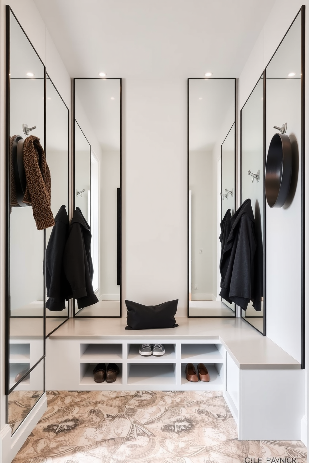 Chic mirrors to enhance space perception. The mudroom features sleek, full-length mirrors that reflect natural light and create an illusion of a larger area. Modern Mudroom Design Ideas. This space includes built-in benches with storage underneath, contemporary hooks for coats, and a stylish tile floor that is both functional and aesthetically pleasing.