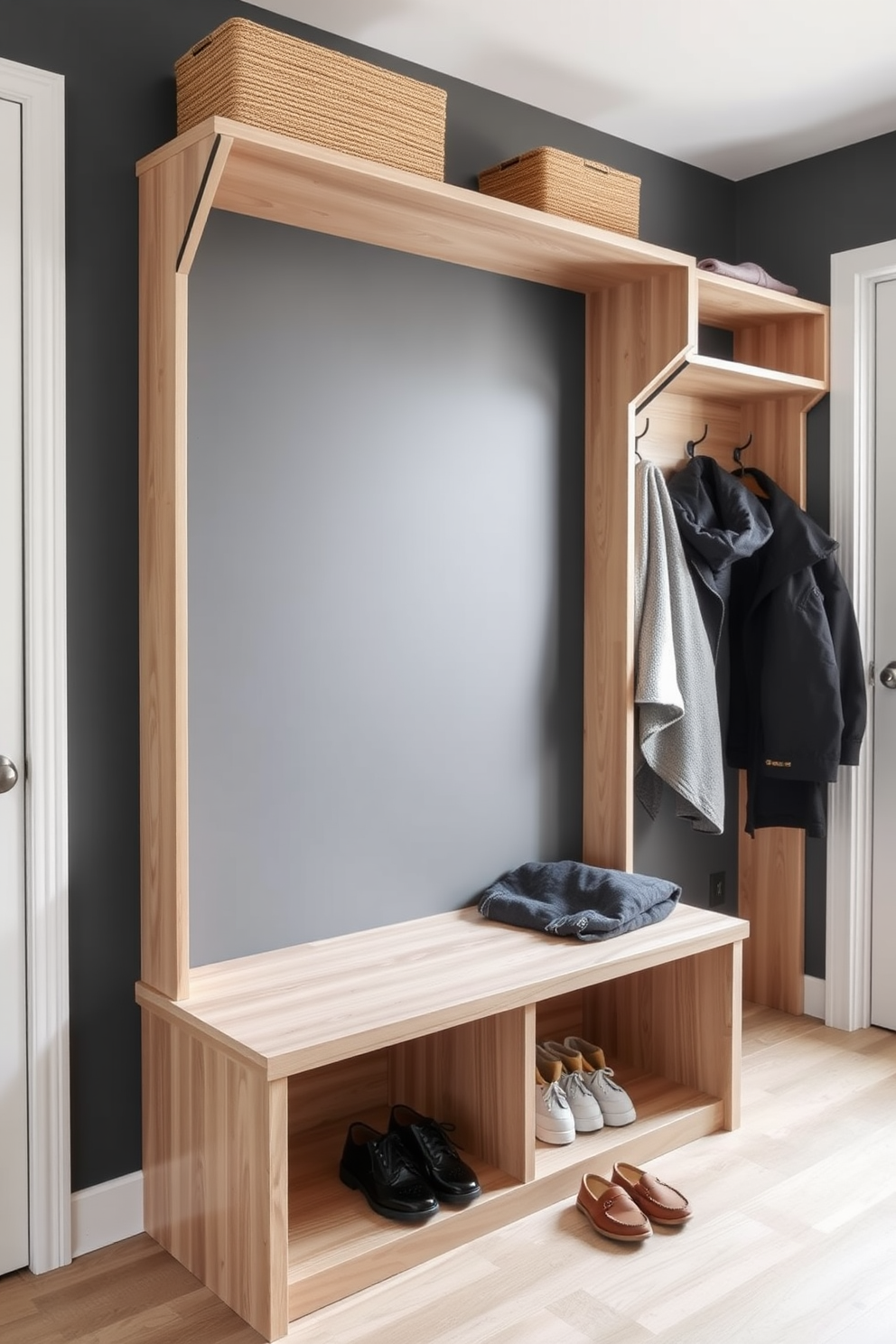 A modern mudroom design featuring vertical storage solutions for limited wall space. The area includes a sleek bench with built-in shoe storage and hooks for coats, all finished in a light wood tone.