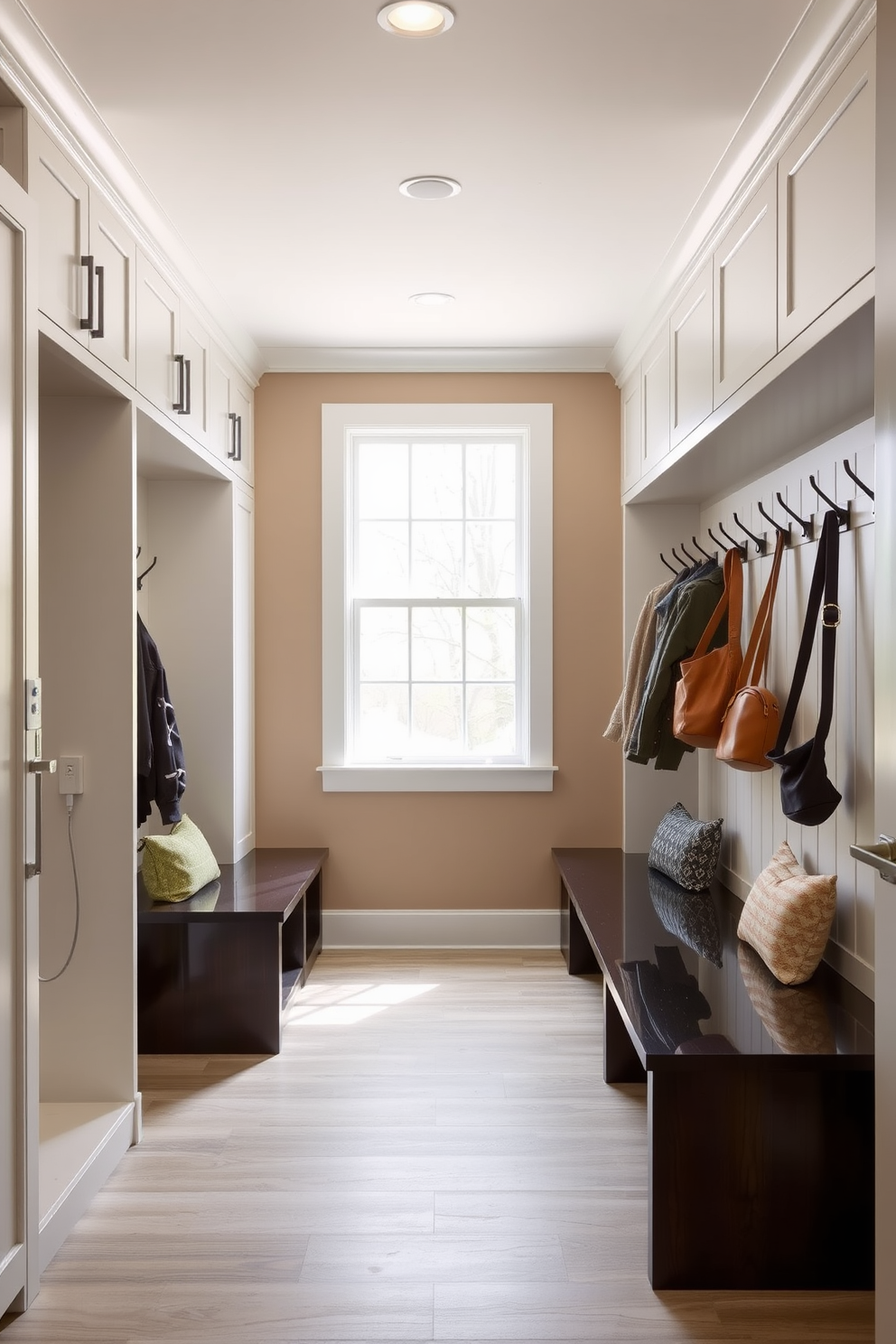 A modern mudroom features an integrated charging station designed for convenience and functionality. The space includes built-in benches with storage underneath, while sleek cabinetry houses charging ports for devices. The walls are adorned with hooks for coats and bags, creating an organized and stylish entryway. Natural light floods the area through a large window, highlighting the contemporary finishes and warm color palette.