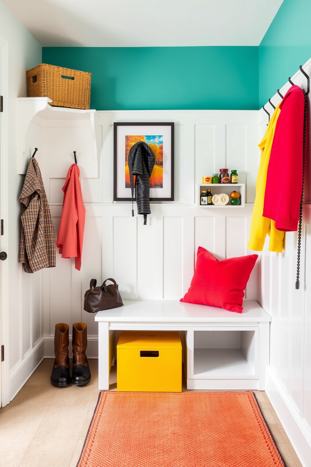 A modern mudroom featuring bright accent colors. The space includes a sleek bench with colorful cushions and hooks for hanging coats, while the walls are painted in a light neutral tone to enhance the vibrant accents.