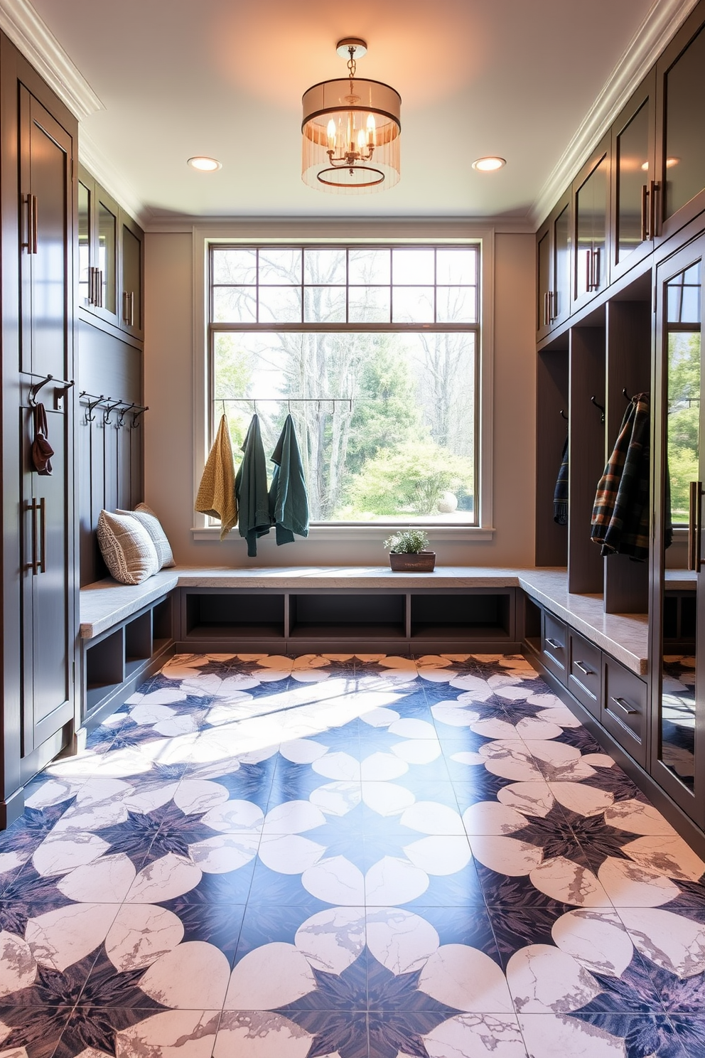 Elegant tile flooring with geometric patterns creates a stunning visual impact in the entryway. The space features built-in benches with plush cushions and hooks for coats, complemented by a vibrant color palette. Modern mudroom design ideas incorporate sleek cabinetry with a minimalist aesthetic. Large windows allow natural light to flood the area, enhancing the overall ambiance and functionality.