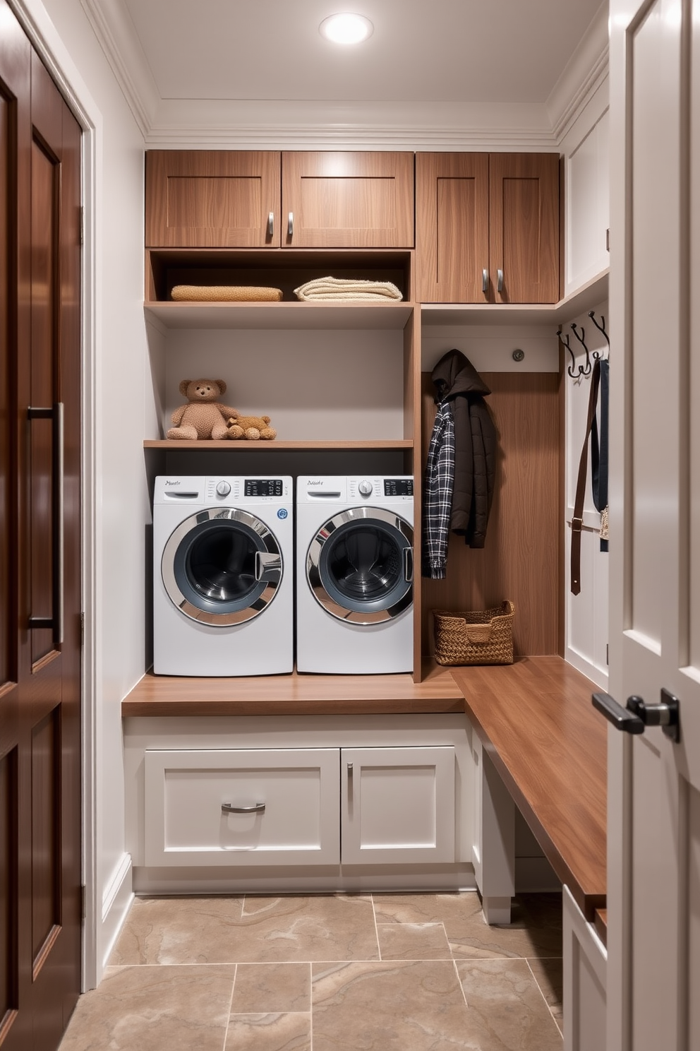 A modern mudroom featuring an integrated laundry space with a sleek washer and dryer tucked behind elegant cabinetry. The design includes a spacious bench for seating, hooks for coats, and a stylish tile floor that complements the overall aesthetic.