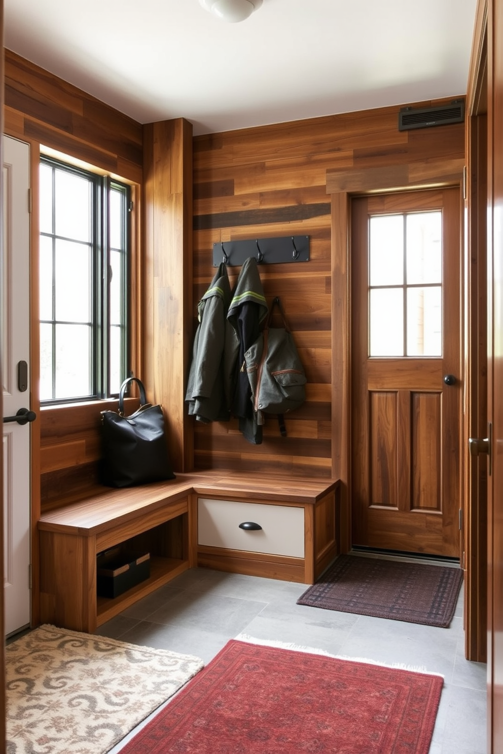 A rustic mudroom featuring reclaimed wood accents combined with sleek modern finishes. The space includes a built-in bench with storage underneath, complemented by contemporary hooks for coats and bags. Natural light floods the area through a large window, highlighting the warm tones of the wood. The flooring is a mix of durable tiles and cozy area rugs, providing both functionality and style.