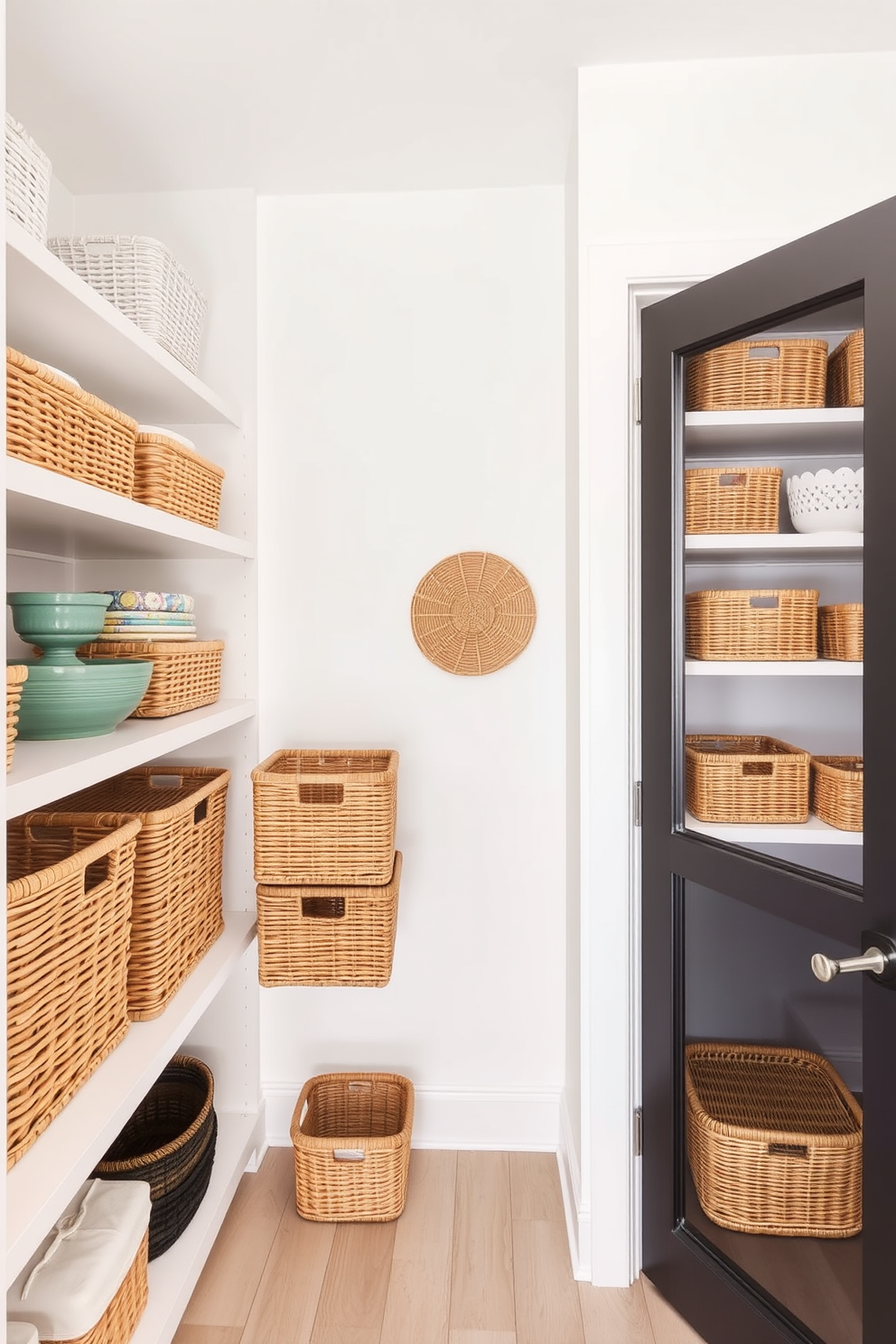 A modern pantry with open shelving displays an array of decorative baskets for organized storage. The walls are painted in a soft white, creating a bright and airy atmosphere that enhances the functionality of the space.