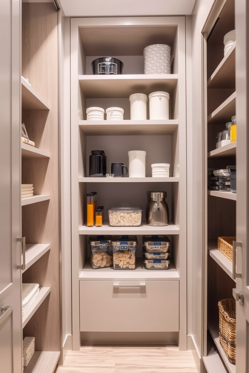 Custom built-ins for personalized organization. Imagine a spacious pantry featuring sleek cabinetry with tailored shelves and compartments designed for optimal storage efficiency. Modern pantry design ideas. Visualize a contemporary pantry with a combination of open shelving and closed cabinetry, showcasing stylish containers and a minimalist aesthetic for a clutter-free environment.