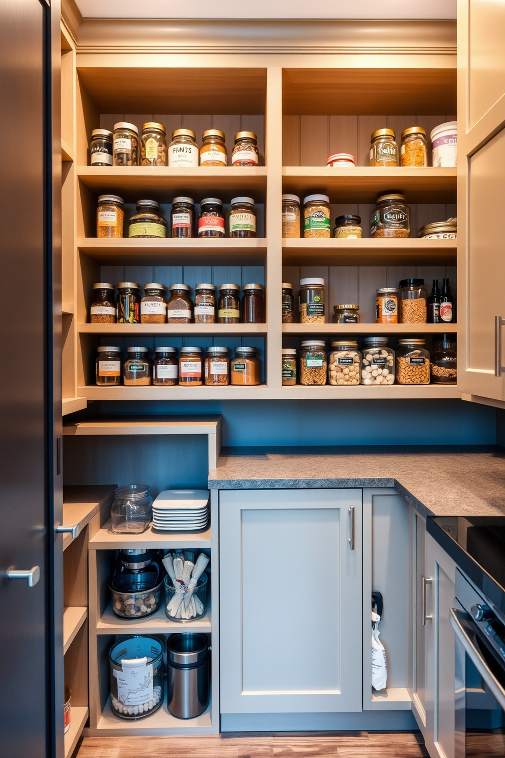 A modern pantry design featuring a combination of open shelving and closed cabinetry. The open shelves display neatly arranged jars and spices, while the closed cabinets provide hidden storage for bulk items and kitchen appliances.