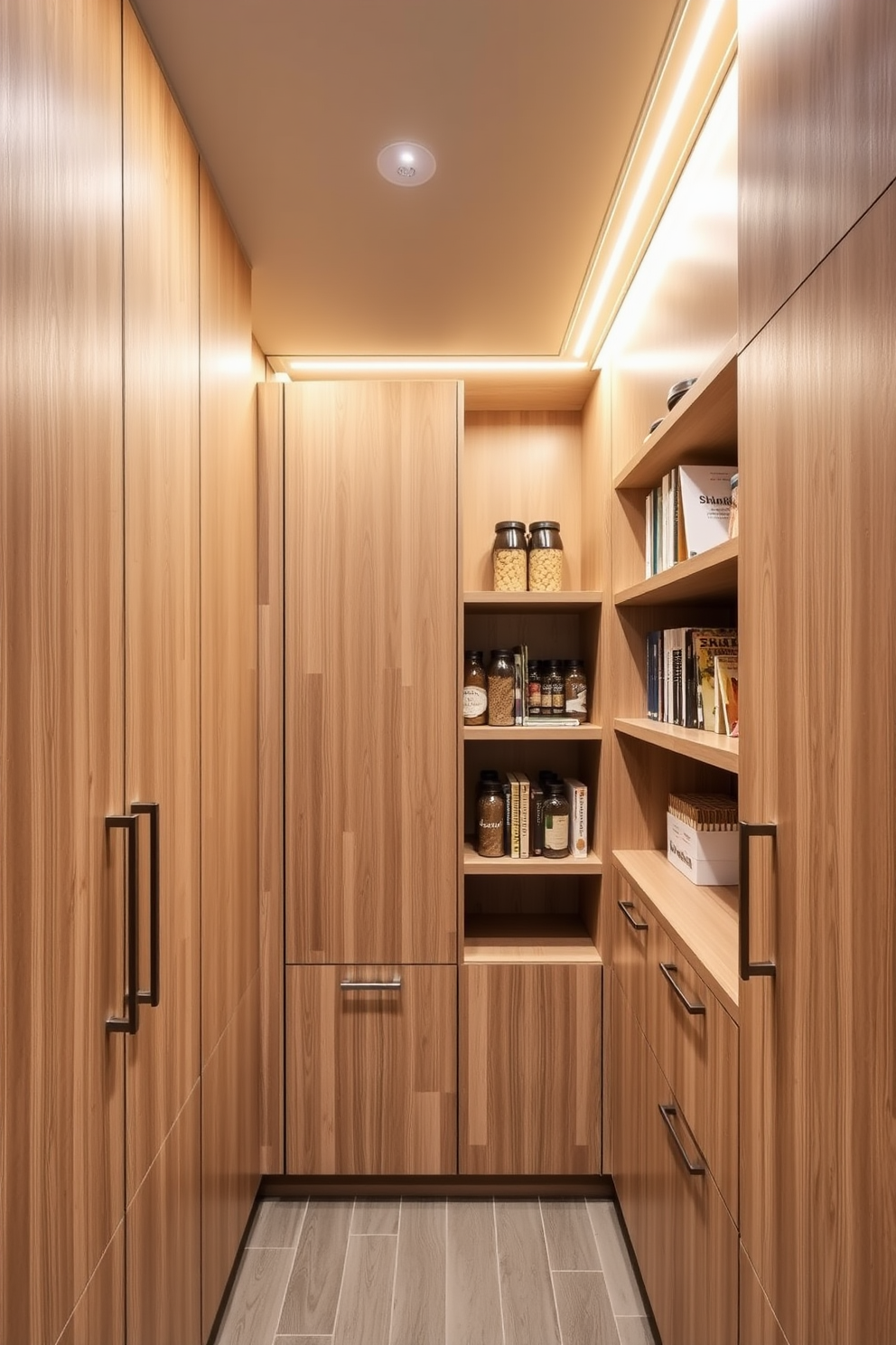 A modern pantry design featuring natural wood cabinetry with a matte finish and open shelving to display jars and cookbooks. The space is illuminated by warm LED strip lighting, creating an inviting atmosphere for meal prep and storage.