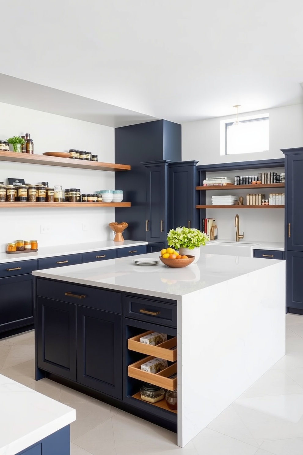 A sleek multi-functional island sits at the center of the kitchen, featuring a smooth quartz countertop and integrated seating on one side. The island includes ample pantry storage with pull-out shelves and organized compartments for easy access to ingredients. The modern pantry design showcases floor-to-ceiling cabinetry in a rich navy blue finish, complemented by brass hardware. Open shelving above displays neatly arranged jars and cookbooks, while a small window allows natural light to brighten the space.