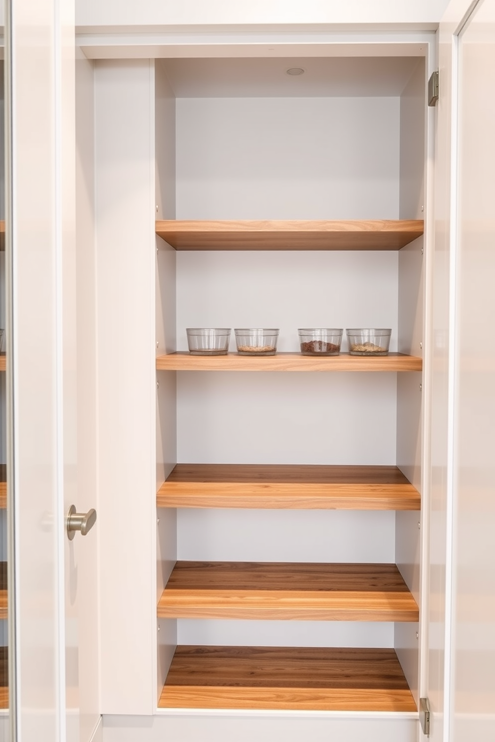 A modern pantry featuring adjustable shelving that allows for versatile storage options. The shelves are crafted from sleek wood, providing a warm contrast to the white cabinetry surrounding them.