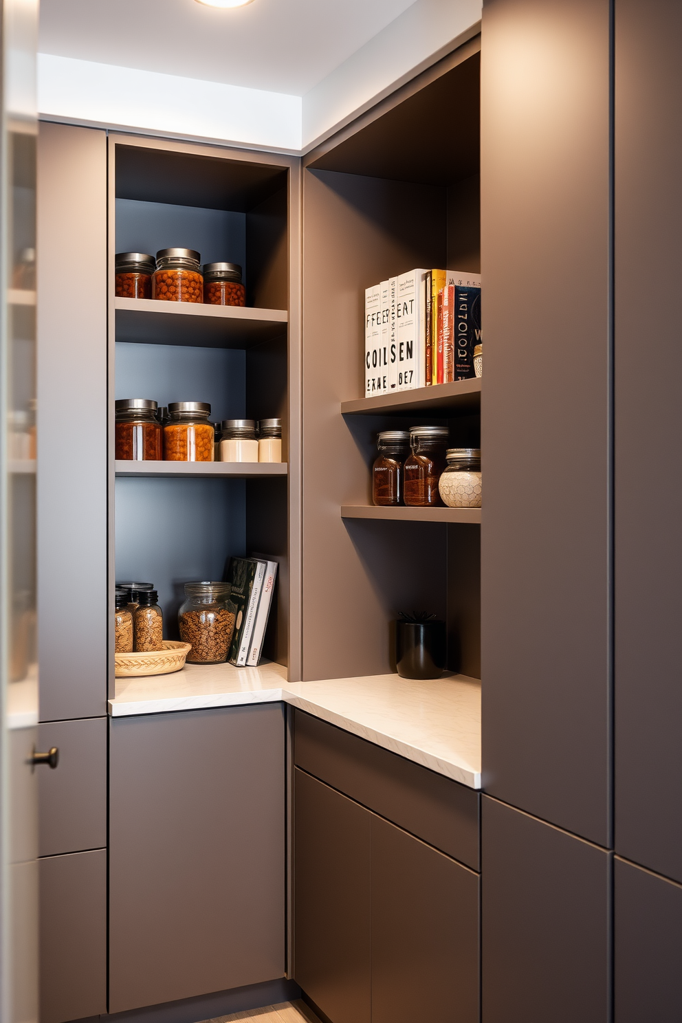 A modern pantry design featuring a small countertop workspace. The pantry includes sleek cabinetry in a matte finish, with open shelving displaying neatly arranged jars and cookbooks.