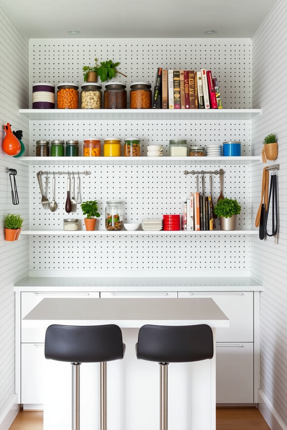 A modern pantry design featuring pegboards on the walls for hanging kitchen items and utensils. The pegboards are painted in a soft white color, providing a clean backdrop for colorful storage containers and herbs in small pots. Open shelving above the countertop showcases neatly arranged jars and cookbooks, while the lower cabinets offer ample storage space. A sleek island in the center provides additional workspace and features stylish bar stools for casual dining.