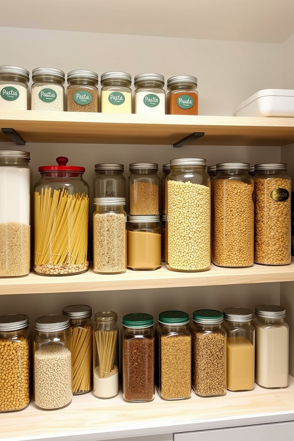 A modern pantry featuring decorative jars for bulk storage. The jars are arranged on open wooden shelves, showcasing a variety of grains, pasta, and spices in an organized and visually appealing manner.