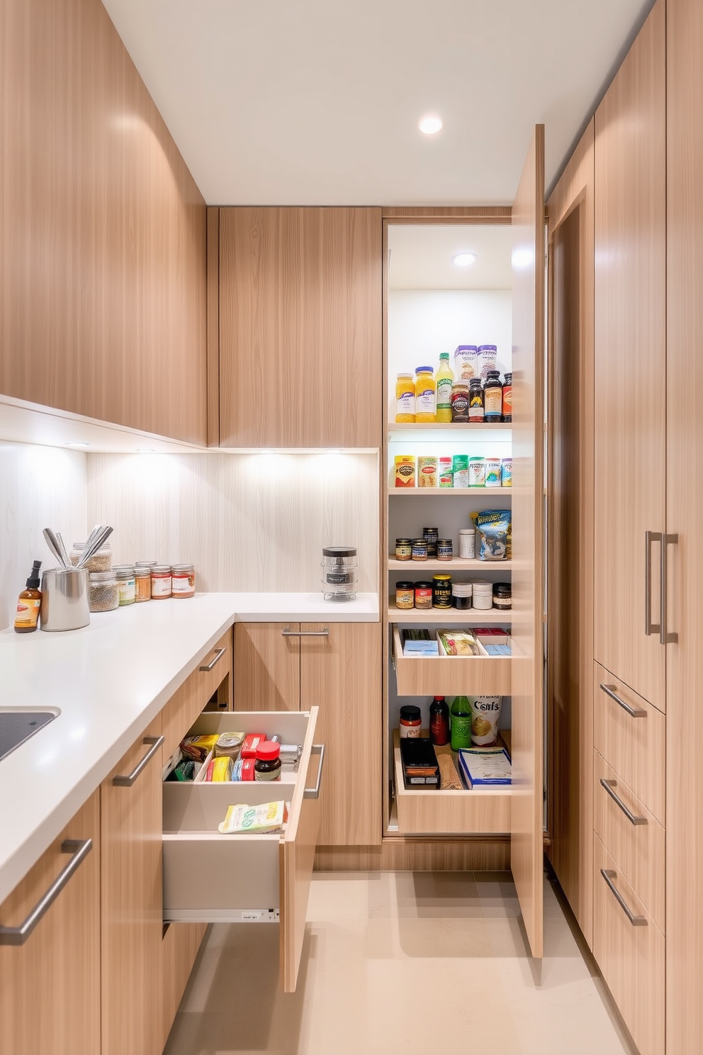 A modern pantry design featuring pull-out drawers for easy access. The cabinetry is sleek and minimalist, with a light wood finish that complements the bright, airy space. The pantry includes organized sections for spices, canned goods, and dry ingredients. Soft LED lighting illuminates the interior, highlighting the well-arranged items and creating an inviting atmosphere.