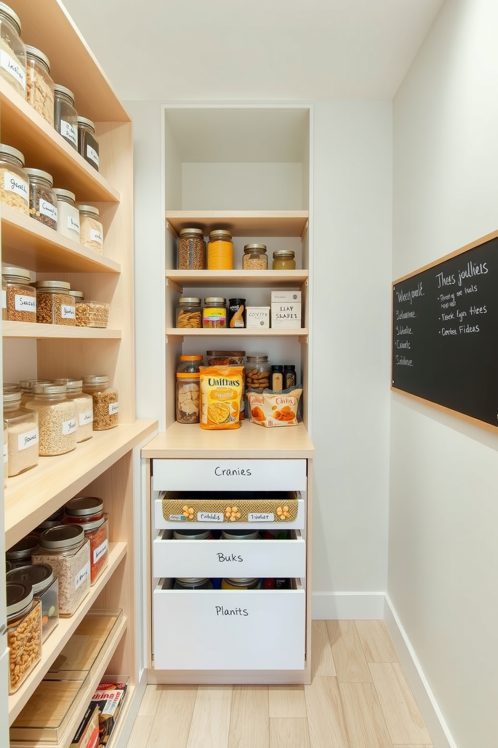 A modern pantry with a clean and organized layout featuring labeled glass jars for various grains, spices, and snacks. The shelves are made of light wood, and the walls are painted in a soft white to enhance brightness and clarity. Incorporate pull-out drawers for easier access to bulk items, with each drawer clearly labeled for quick identification. A chalkboard wall section is included for writing down grocery lists and meal prep ideas, adding both functionality and style.